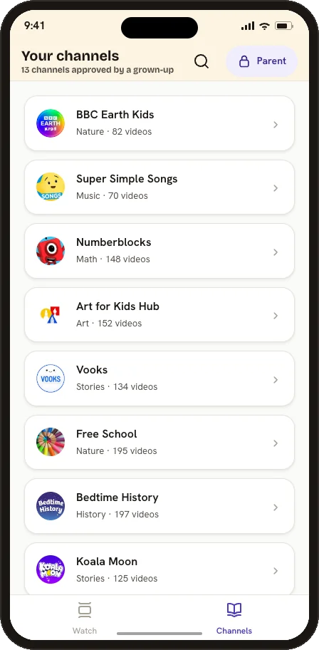 Vidling's approved channels list: BBC Earth Kids, Super Simple Songs, Numberblocks, Art for Kids Hub, and more — each approved by a parent.